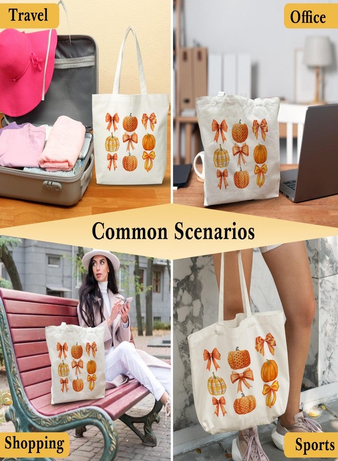JUSITAKEET Bow Pumpkin Themed Canvas Tote Bag, Fall Gifts Bag For Women Men, Plain Pumpkin Canvas Shoulder Tote For Thanksgiving, Washable And Reusable Bags, 02 - Image 4